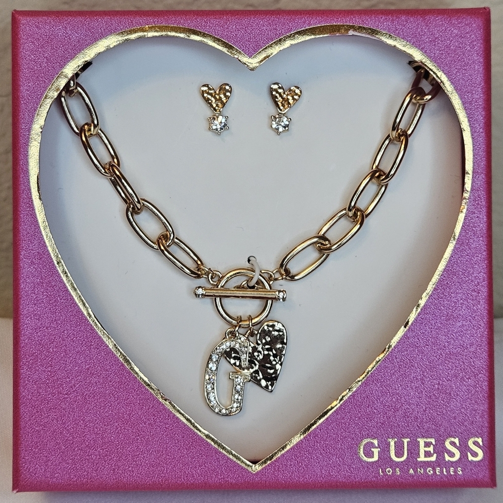 GUESS Gold-tone "G" And Heart Necklace and Earring Set NIB